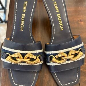 Tory Burch Dark Blue and Gold Horsebit Sandals